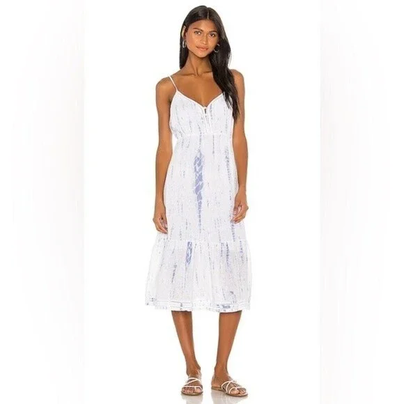 RAILS Delilah Midi Dress Cloud Tie Dye White & Blue Ruffle Hem Small *Tiny Flaw! - Picture 2 of 12
